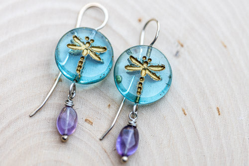 Aqua Dragonfly Glass Earrings | Handcrafted with Amethyst & Sterling Silver