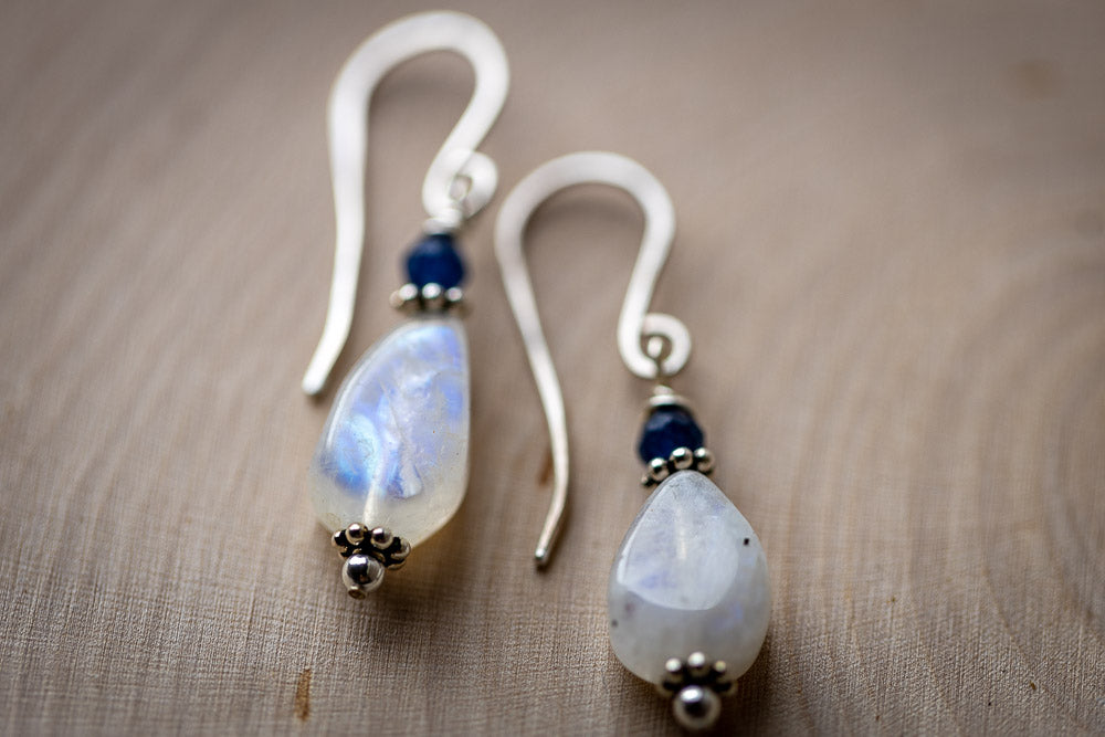 Rainbow Moonstone, Sapphire & Sterling Silver Earrings