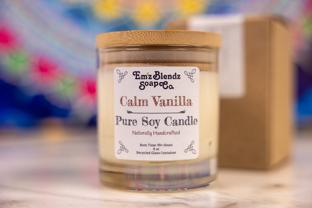 Calm Vanilla Soy Wax Candle in Glass Jar with Bamboo Lid | Warm & Velvety Aroma    Em'z Blendz Soap Co.