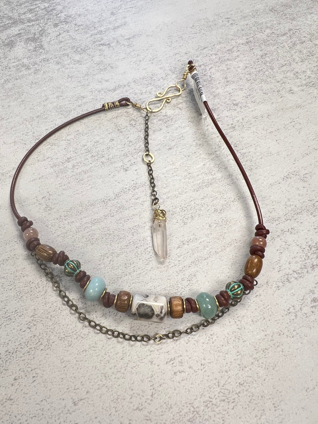Crazy Lace Agate, Ammonite & Peach Moonstone Adjustable Leather Necklace | Handcrafted Jewelry Em'z Blendz Soap Co.