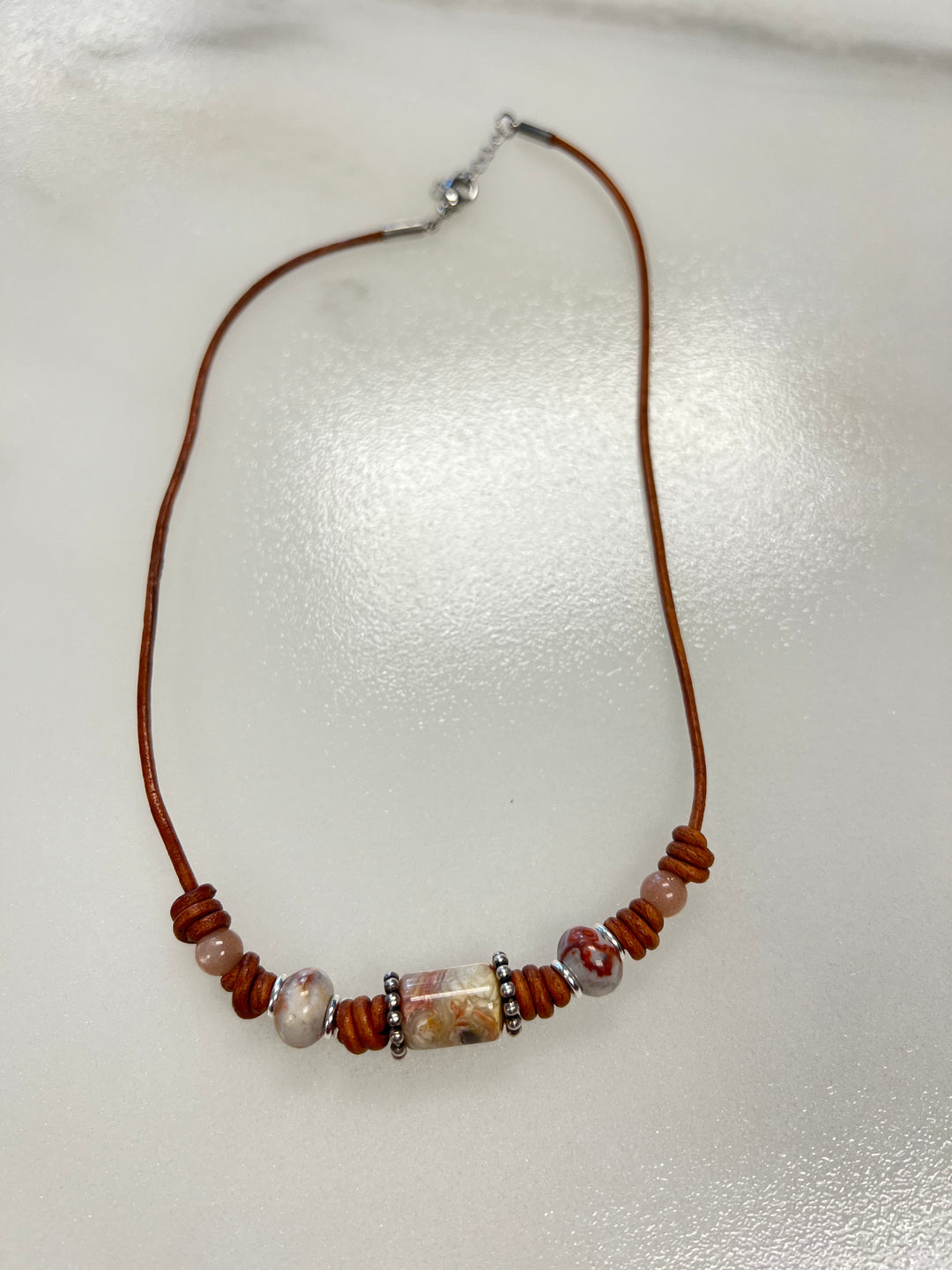 Sodalite, Labradorite & Peach Moonstone Silver Leather Necklace | Handcrafted Jewelry Em'z Blendz Soap Co.