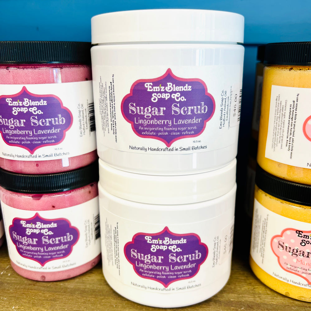 Lingonberry Lavender Face & Body Foaming Sugar Scrub Polish 20 oz   Em'z Blendz Soap Co.