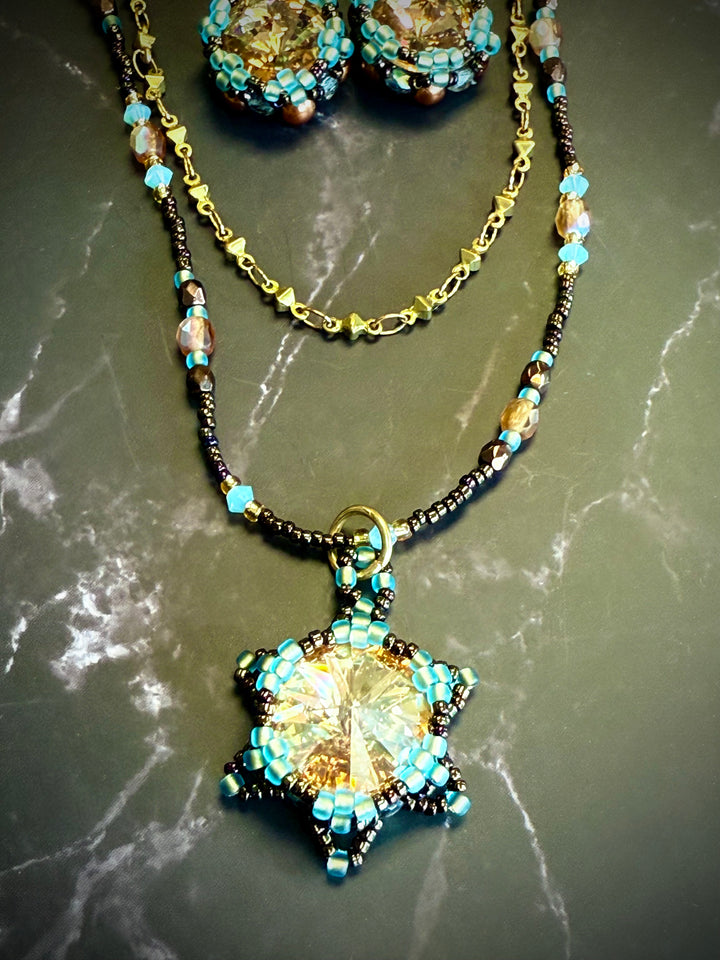 Lotus Flower Necklace | Handwoven Golden Crystal & Brass Necklace only Em'z Blendz Soap Co.