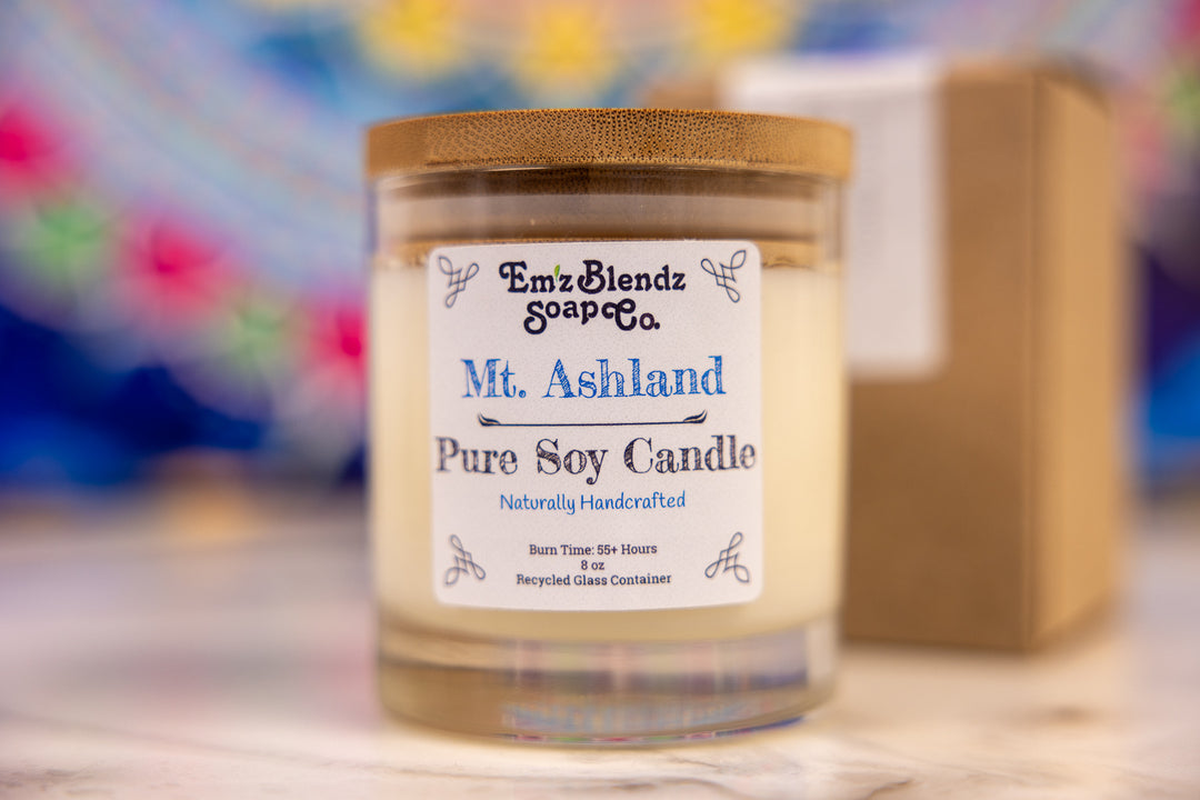 Mt. Ashland Soy Wax Candle in Glass Jar with Bamboo Lid | Woodland Aroma    Em'z Blendz Soap Co.