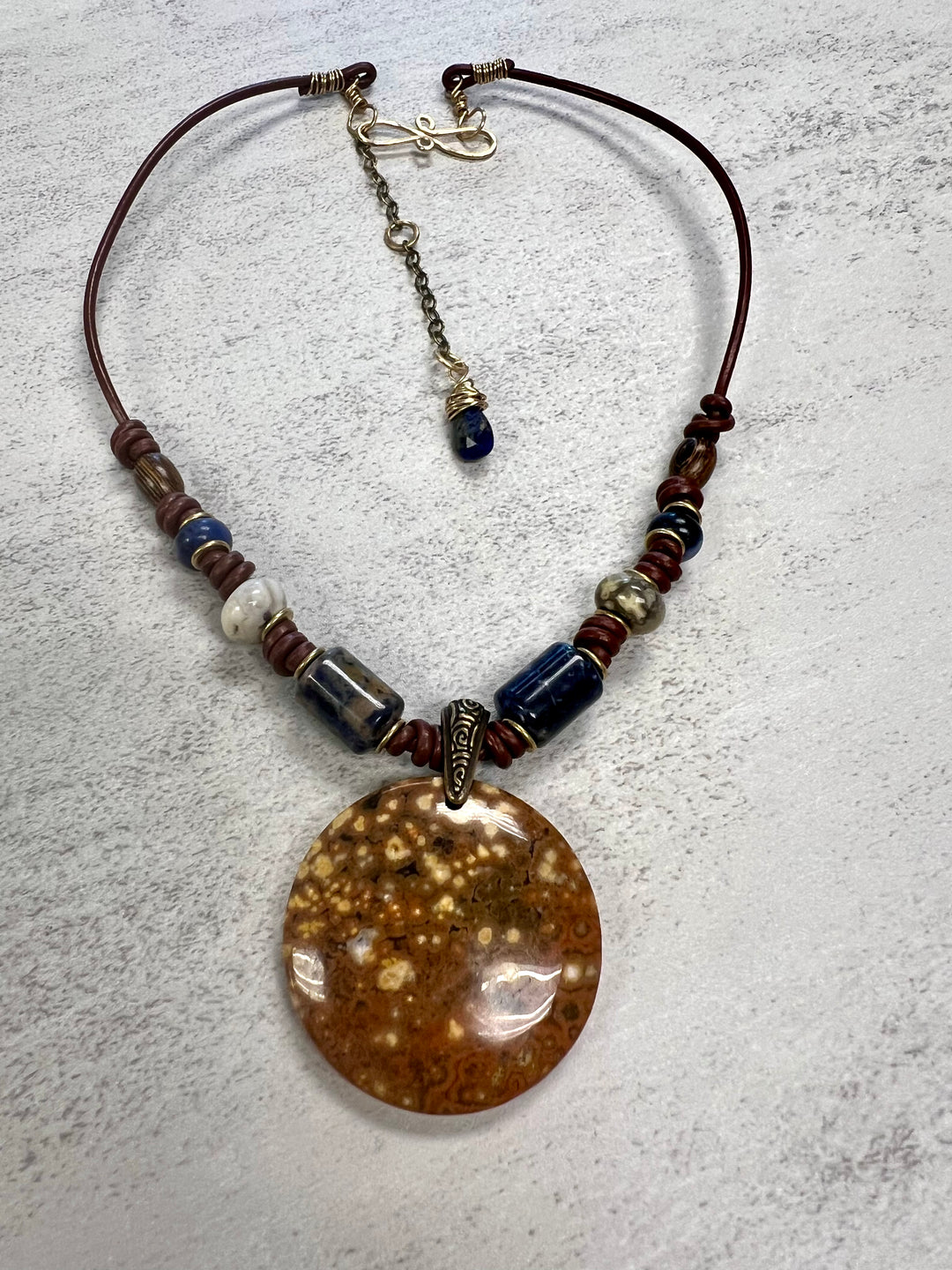 Ocean Jasper, Sodalite, Crazy Lace Agate Leather Necklace | Handcrafted Jewelry Em'z Blendz Soap Co.