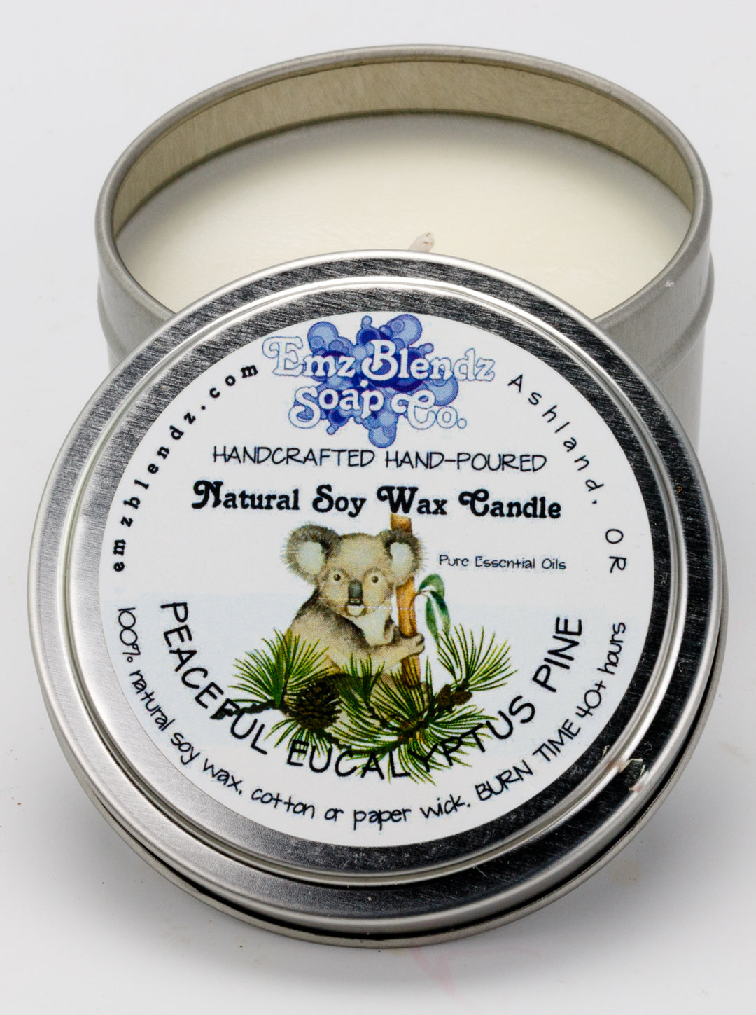 Peaceful Eucalyptus Pine Soy Wax Candle in Tin | Rejuvenating Aroma    Em'z Blendz Soap Co.