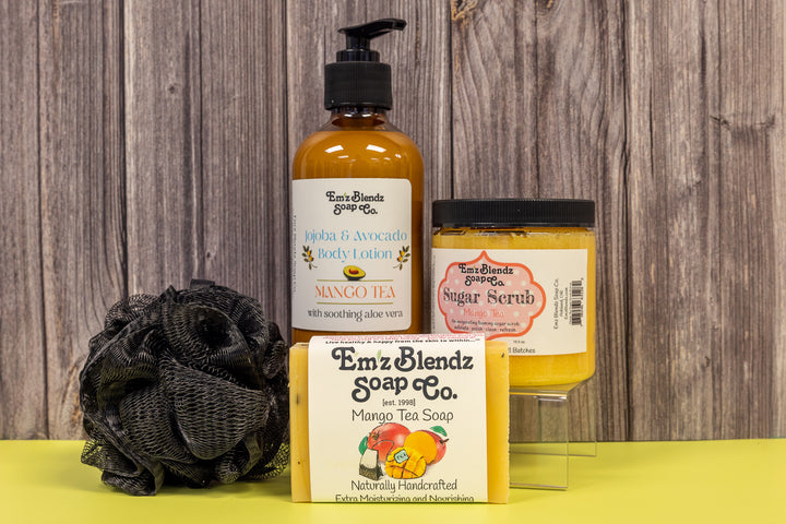 Pure Pampering Set with Bath/Shower Mesh Poof - Mango Tea    Em'z Blendz Soap Co.