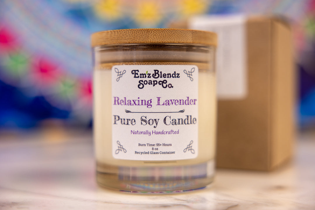 Relaxing Lavender Soy Wax Candle in Glass Jar with Bamboo Lid | Calming Aroma    Em'z Blendz Soap Co.