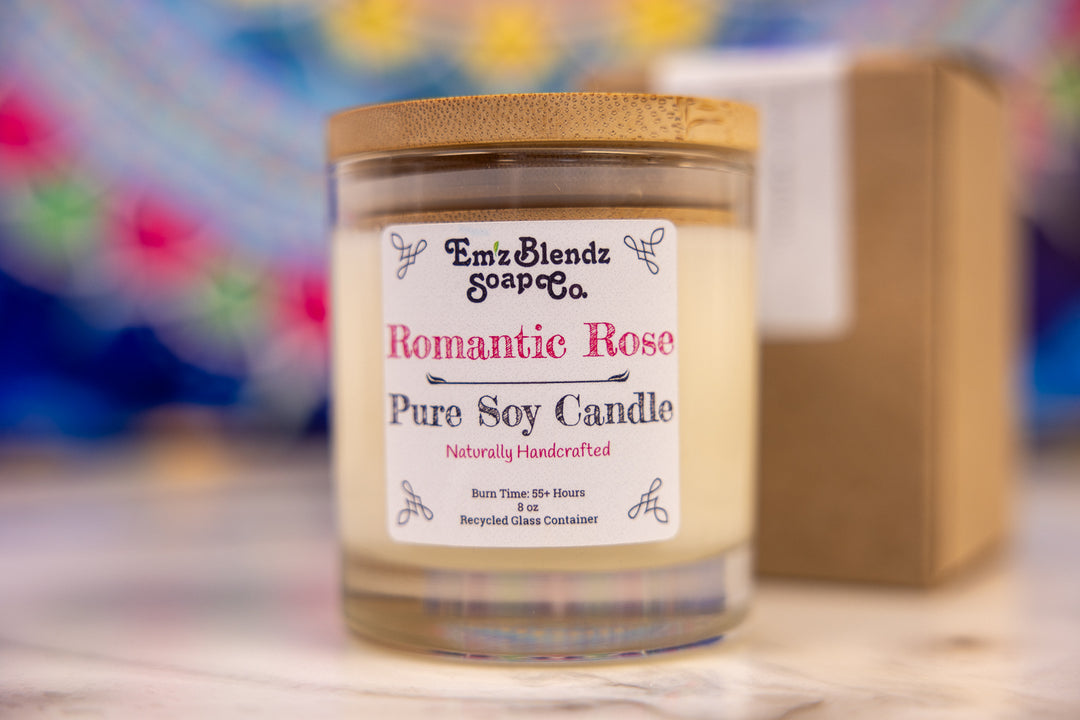 Romantic Rose Soy Wax Candle in Glass Jar with Bamboo Lid | Enchanting Aroma    Em'z Blendz Soap Co.