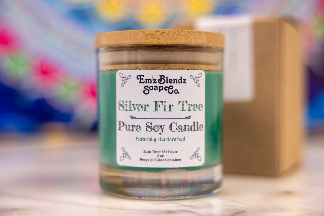 Silver Fir Tree Soy Wax Candle in Glass Jar with Bamboo Lid | Forest Aroma    Em'z Blendz Soap Co.