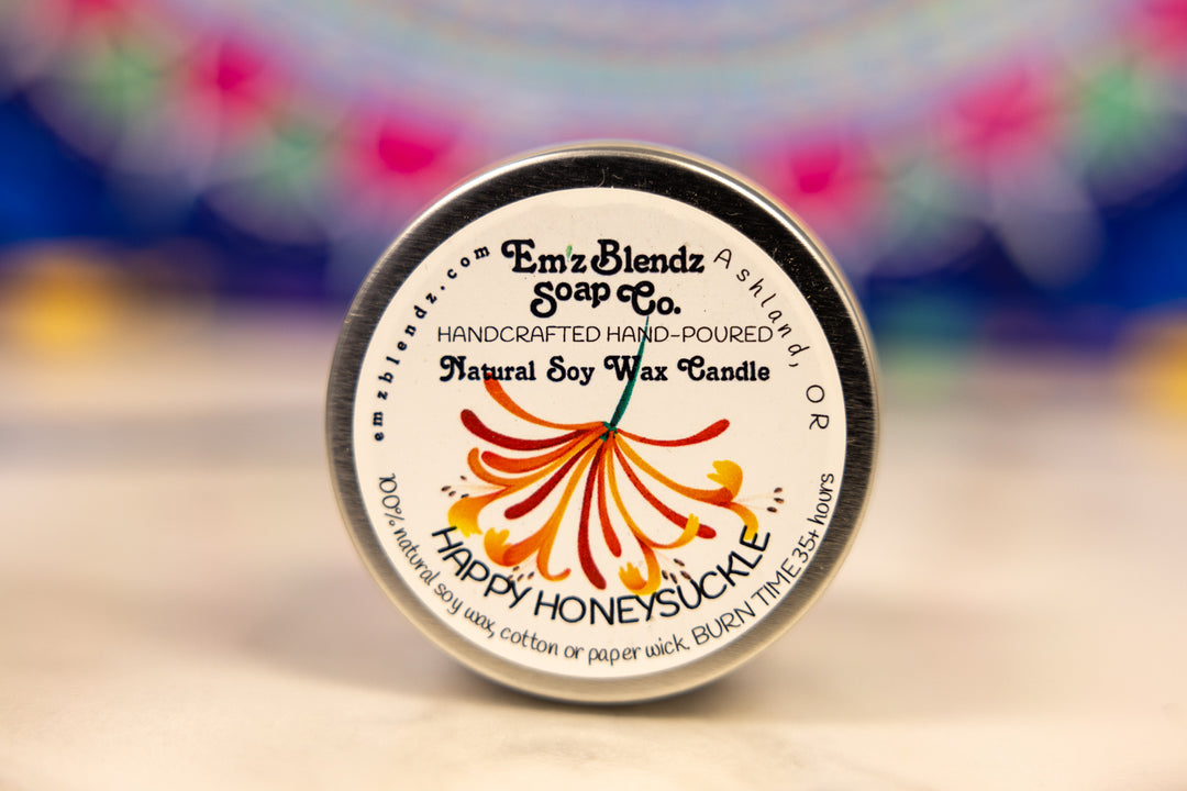 Happy Honeysuckle Soy Wax Candle in Tin | Sweet & Floral Aroma    Em'z Blendz Soap Co.
