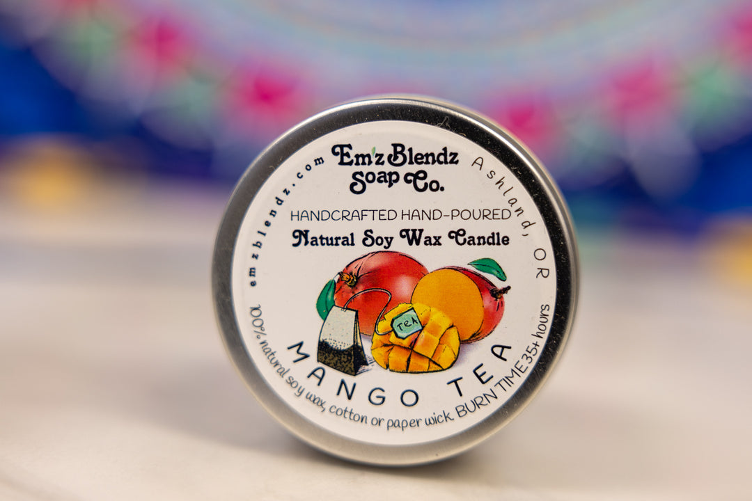 Mango Tea Soy Wax Candle in Tin | Sweet & Sophisticated Aroma    Em'z Blendz Soap Co.