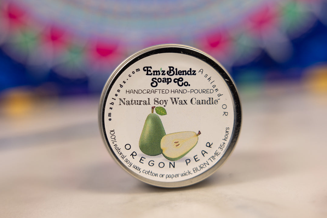 Oregon Pear Soy Wax Candle in Tin | Fresh & Crisp Aroma    Em'z Blendz Soap Co.