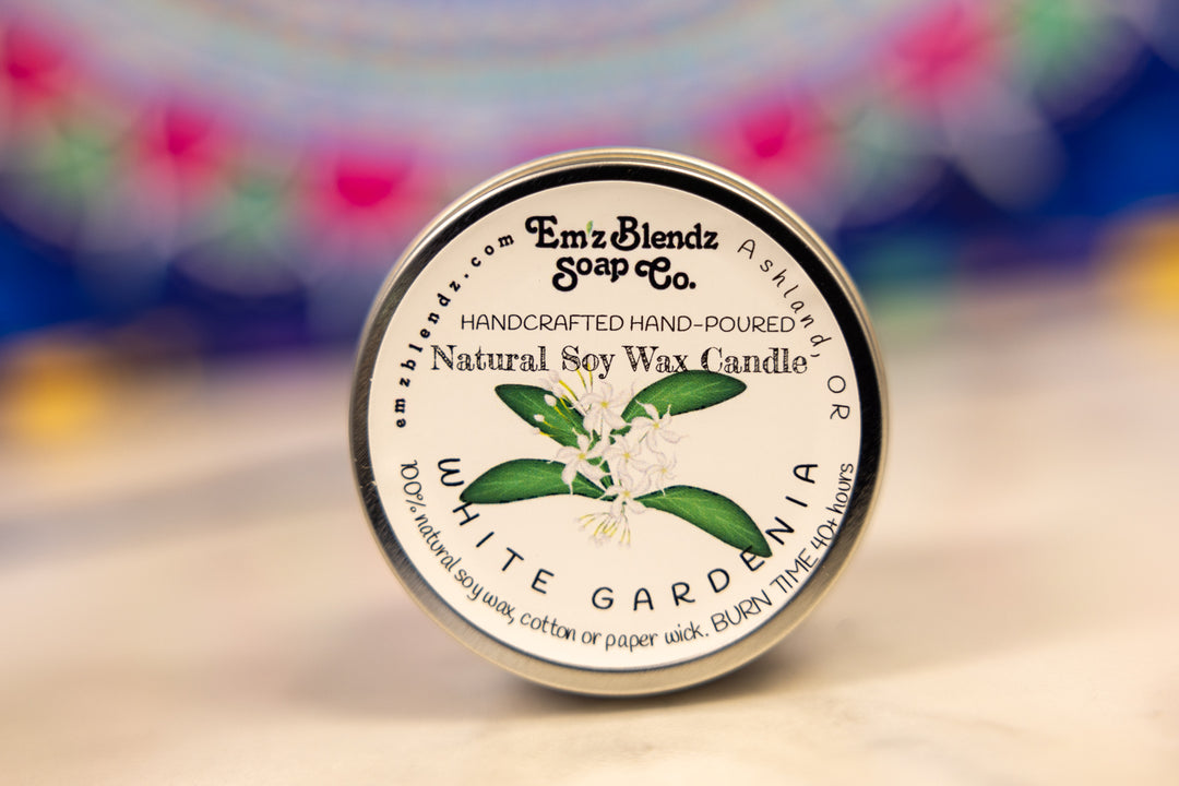 White Gardenia Soy Wax Candle in Tin | Elegant Floral Aroma    Em'z Blendz Soap Co.