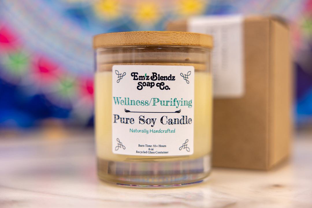 Wellness Soy Wax Candle in Glass Jar with Bamboo Lid | Purifying Aroma    Em'z Blendz Soap Co.