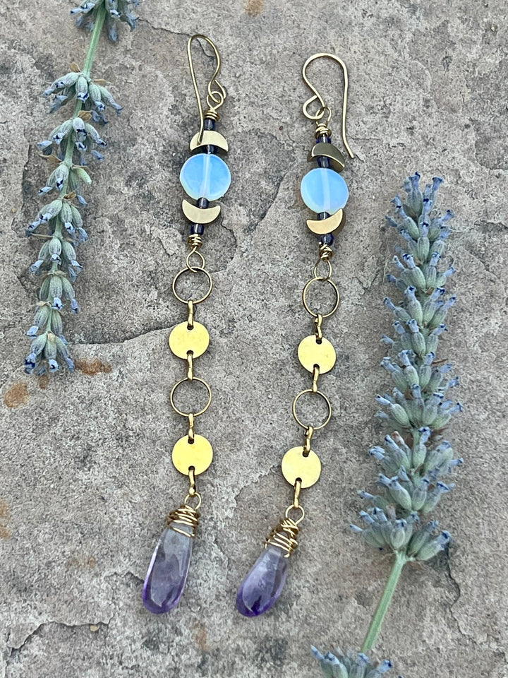 Em'z Blendz Opalite Moon & Amethyst Crystal Dangle Earrings | Handcrafted Brass    Em'z Blendz Soap Co.