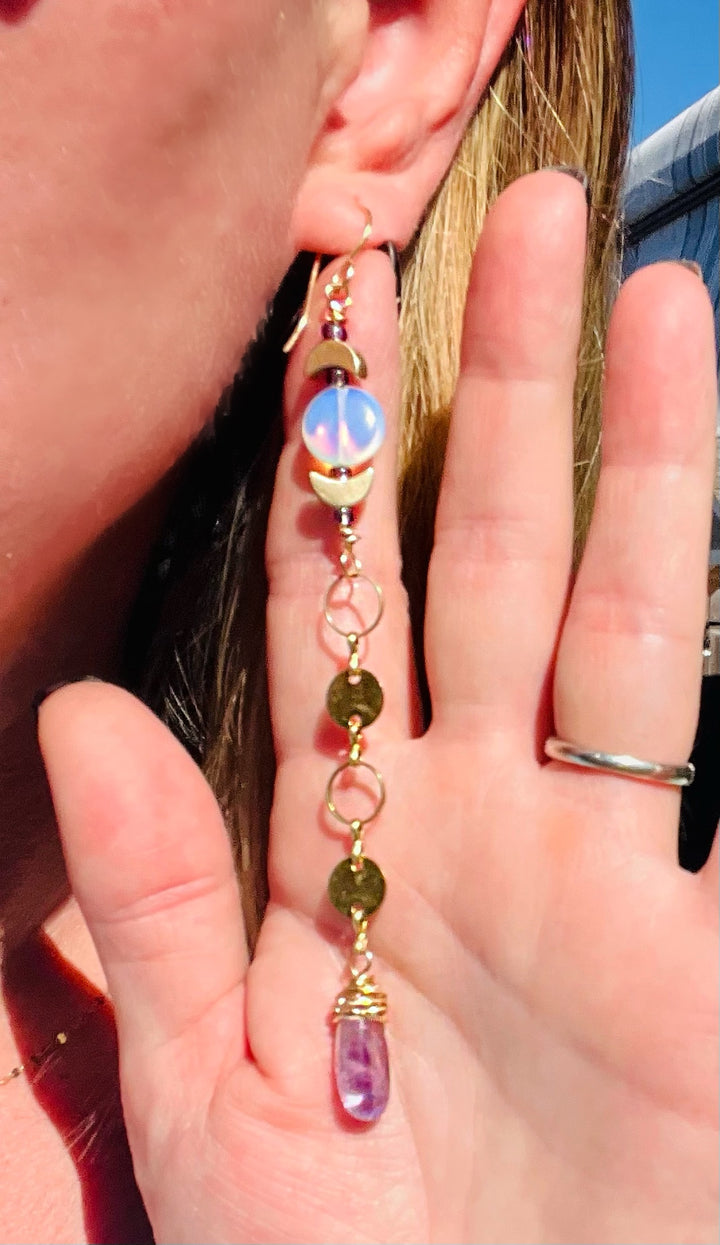 Em'z Blendz Opalite Moon & Amethyst Crystal Dangle Earrings | Handcrafted Brass    Em'z Blendz Soap Co.
