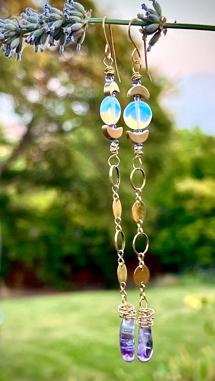Em'z Blendz Opalite Moon & Amethyst Crystal Dangle Earrings | Handcrafted Brass    Em'z Blendz Soap Co.