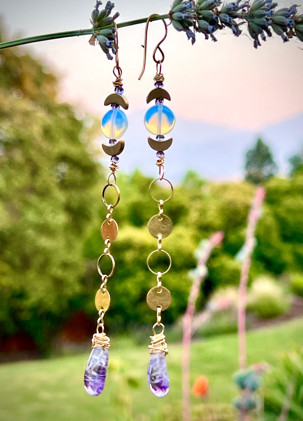 Em'z Blendz Opalite Moon & Amethyst Crystal Dangle Earrings | Handcrafted Brass    Em'z Blendz Soap Co.