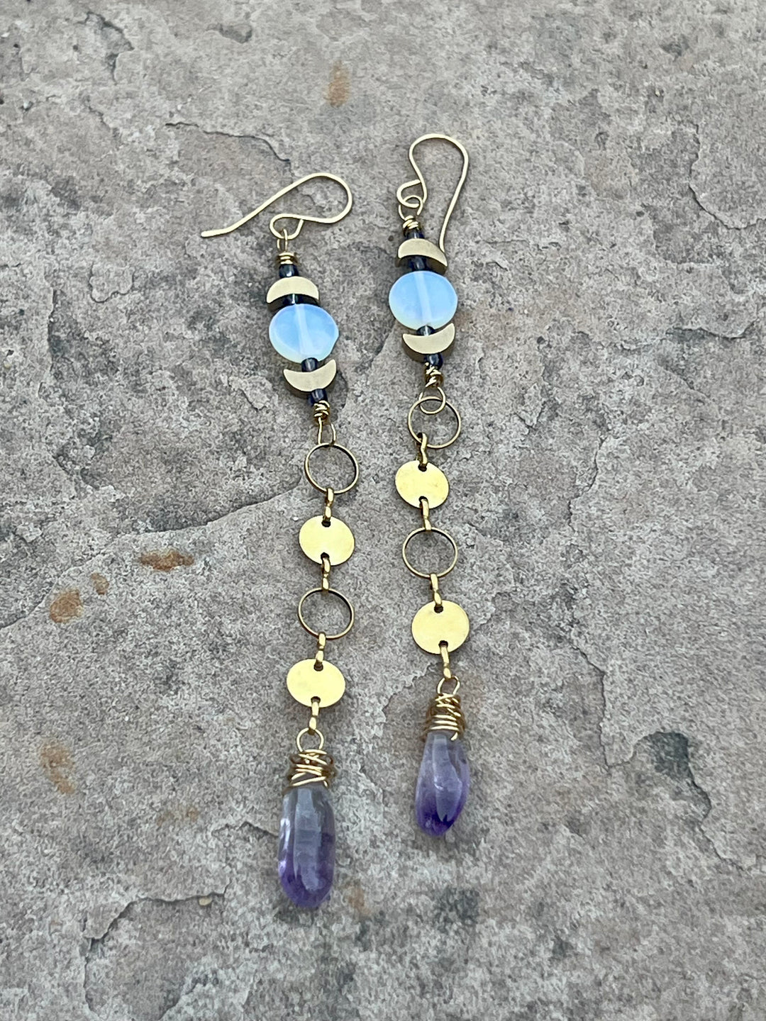 Em'z Blendz Opalite Moon & Amethyst Crystal Dangle Earrings | Handcrafted Brass    Em'z Blendz Soap Co.