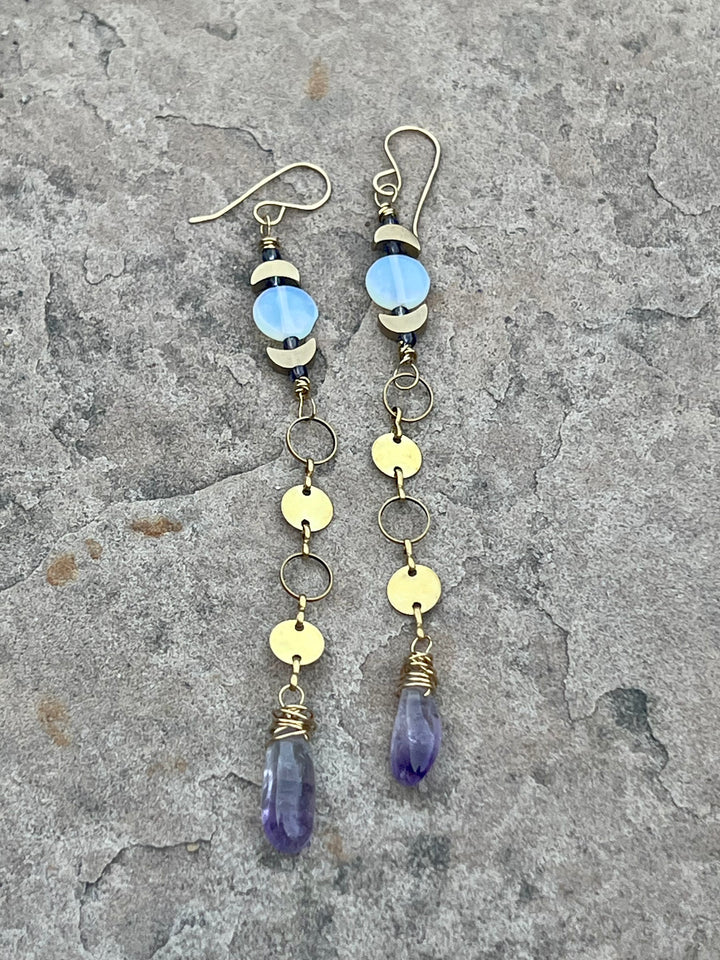 Em'z Blendz Opalite Moon & Amethyst Crystal Dangle Earrings | Handcrafted Brass    Em'z Blendz Soap Co.