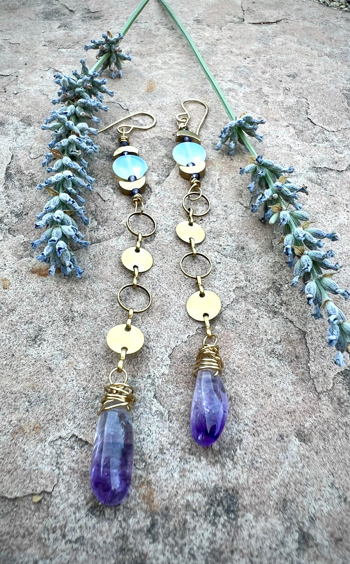 Em'z Blendz Opalite Moon & Amethyst Crystal Dangle Earrings | Handcrafted Brass    Em'z Blendz Soap Co.