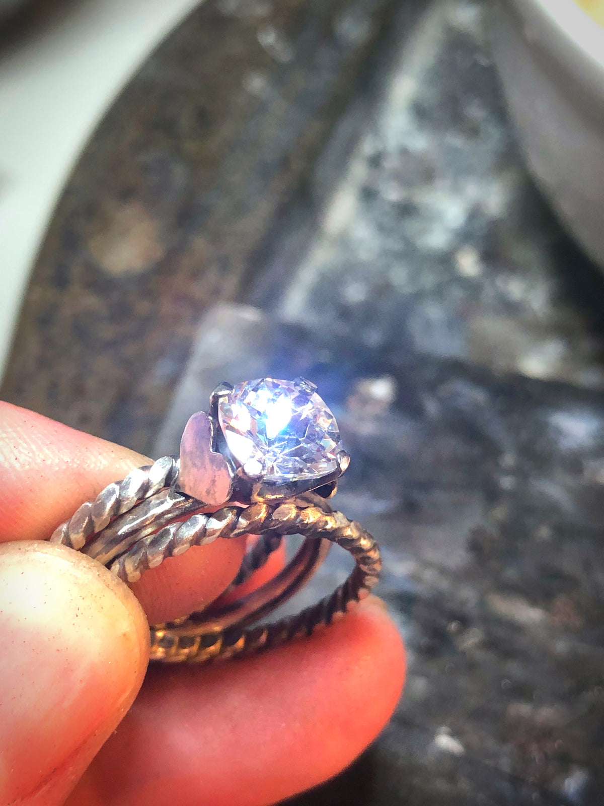 Diamond Simulant Ring Set with Fine Silver Hearts, 2cts - Emz Blendz