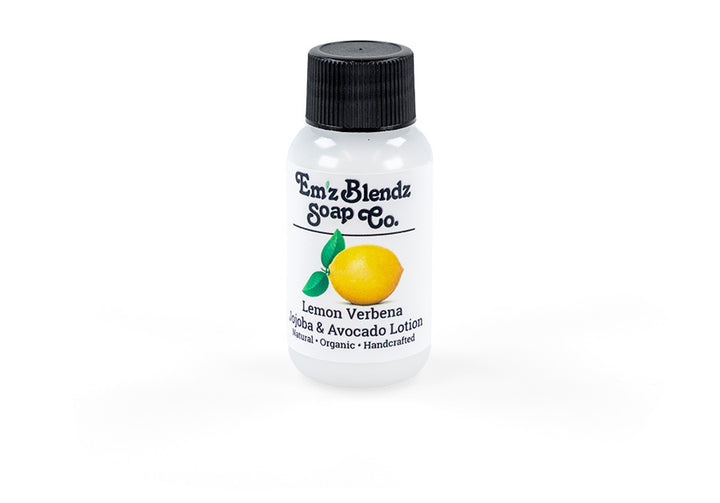 Guest Jojoba & Avocado Oil Body Lotion | Natural Travel-Size Handmade Amenity for Boutique Hotels, Inns & B&Bs Refreshing Lemon Verbena 100 Stock Wrapped Em'z Blendz Soap Co.