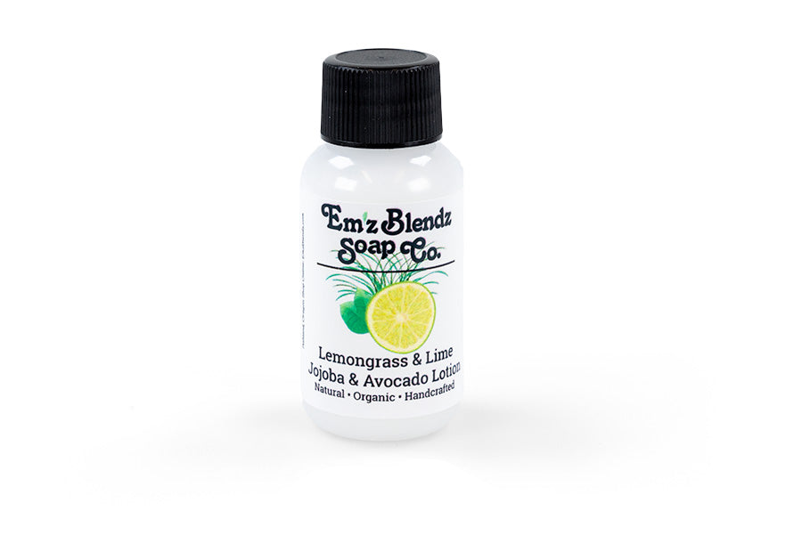 Guest Jojoba & Avocado Oil Body Lotion | Natural Travel-Size Handmade Amenity for Boutique Hotels, Inns & B&Bs Zesty Lemongrass and Lime 100 Stock Wrapped Em'z Blendz Soap Co.