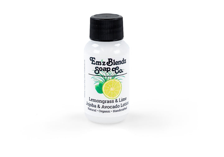 Guest Jojoba & Avocado Oil Body Lotion | Natural Travel-Size Handmade Amenity for Boutique Hotels, Inns & B&Bs Zesty Lemongrass and Lime 100 Stock Wrapped Em'z Blendz Soap Co.