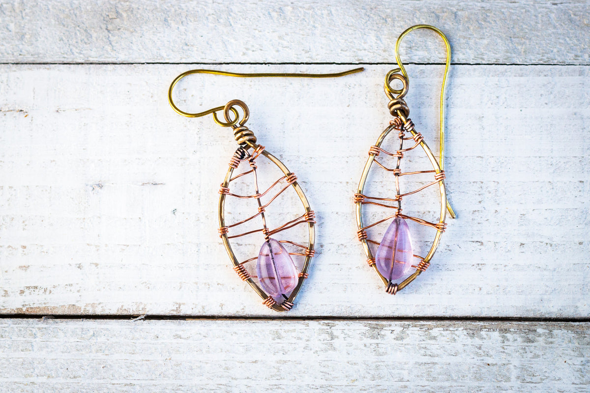 Amethyst Leaf Earrings | Handcrafted with antiqued copper and brass - Emz Blendz