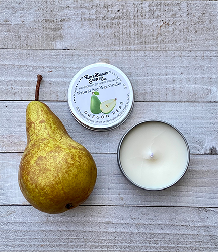 Oregon Pear Soy Wax Candle in Tin | Fresh & Crisp Aroma    Em'z Blendz Soap Co.