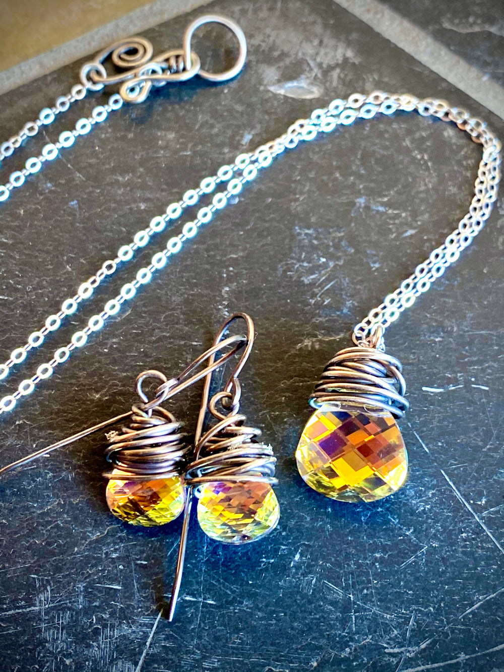 Vintage Aurora Borealis Crystal & Sterling Silver Necklace | Handcrafted Jewelry Em'z Blendz Soap Co.