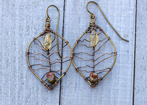 Citrine & Autumn Jasper Leaf Earrings | Handcrafted with Antiqued Copper & Brass