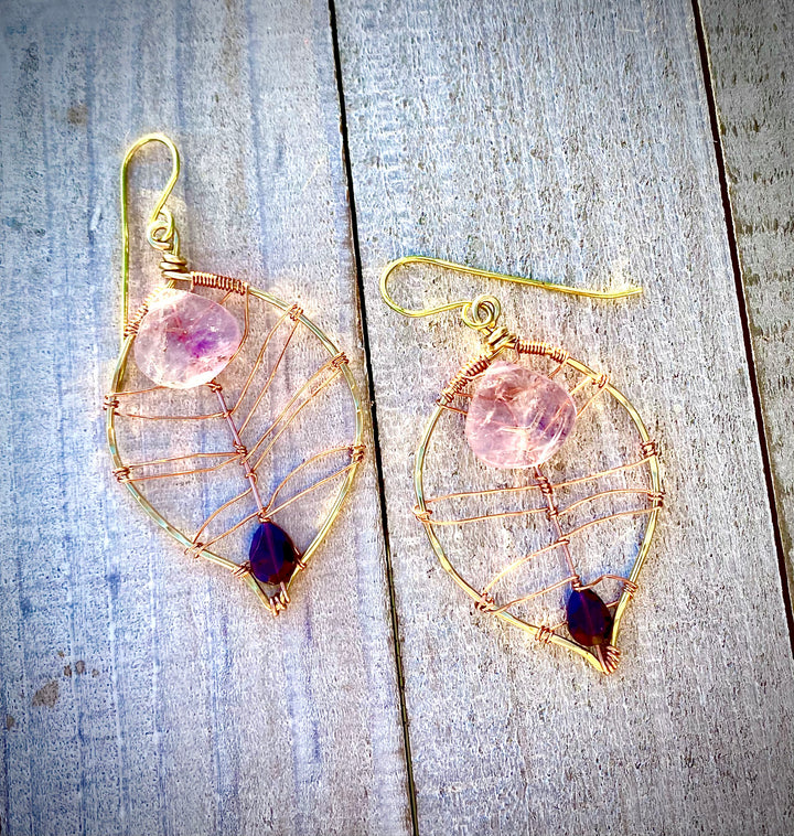 Lavender Amethyst & Rhodolite Garnet Leaf Earrings | Handcrafted with Antiqued Copper & Brass