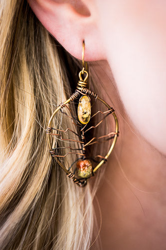 Citrine & Autumn Jasper Leaf Earrings | Handcrafted with Antiqued Copper & Brass
