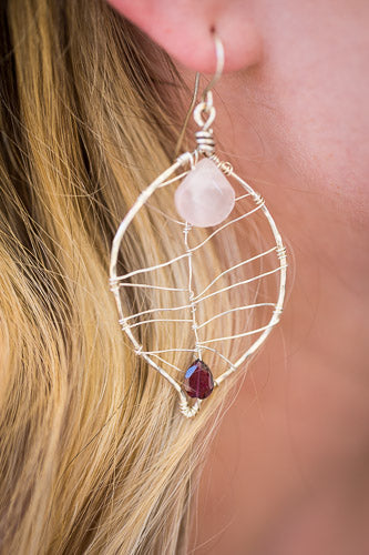 Rose Quartz & Garnet Leaf Earrings | Handcrafted with Fine Silver
