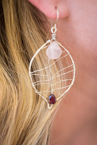 Rose Quartz & Garnet Leaf Earrings | Handcrafted Fine Silver Jewelry Em'z Blendz Soap Co.