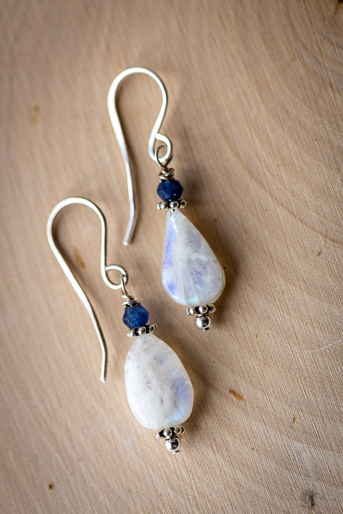 Rainbow Moonstone, Sapphire & Sterling Silver Earrings