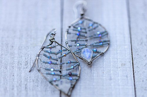 Rainbow Moonstone Leaf Earrings | Handcrafted with Austrian Crystals & Sterling Silver