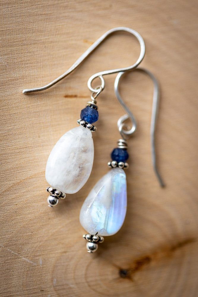 Rainbow Moonstone, Sapphire &amp; Sterling Silver Earrings