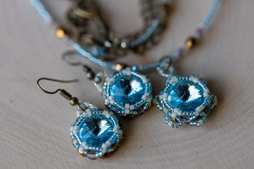 Lotus Flower Necklace | Handwoven Aqua Blue Crystal & Brass