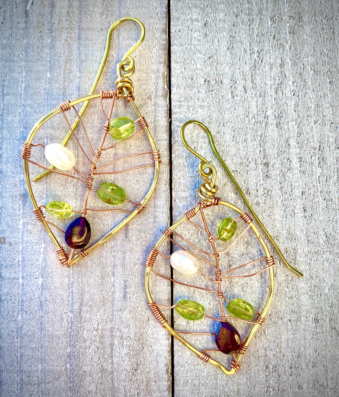 Peridot, Fresh Water Pearl & Rhodolite Garnet Leaf Earrings | Handcrafted with Antiqued Copper & Brass