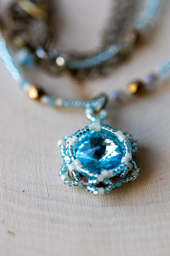 Lotus Flower Necklace | Handwoven Aqua Blue Crystal &amp; Brass