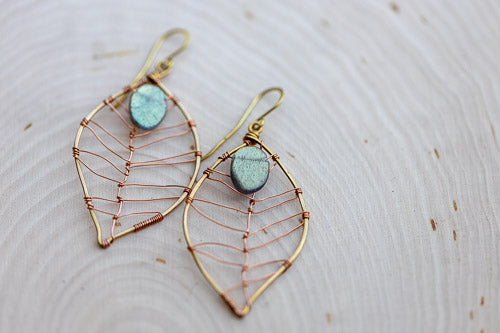 Labradorite Leaf Earrings | Handcrafted with Antiqued Copper & Brass