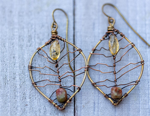 Citrine &amp; Autumn Jasper Leaf Earrings | Handcrafted with Antiqued Copper &amp; Brass
