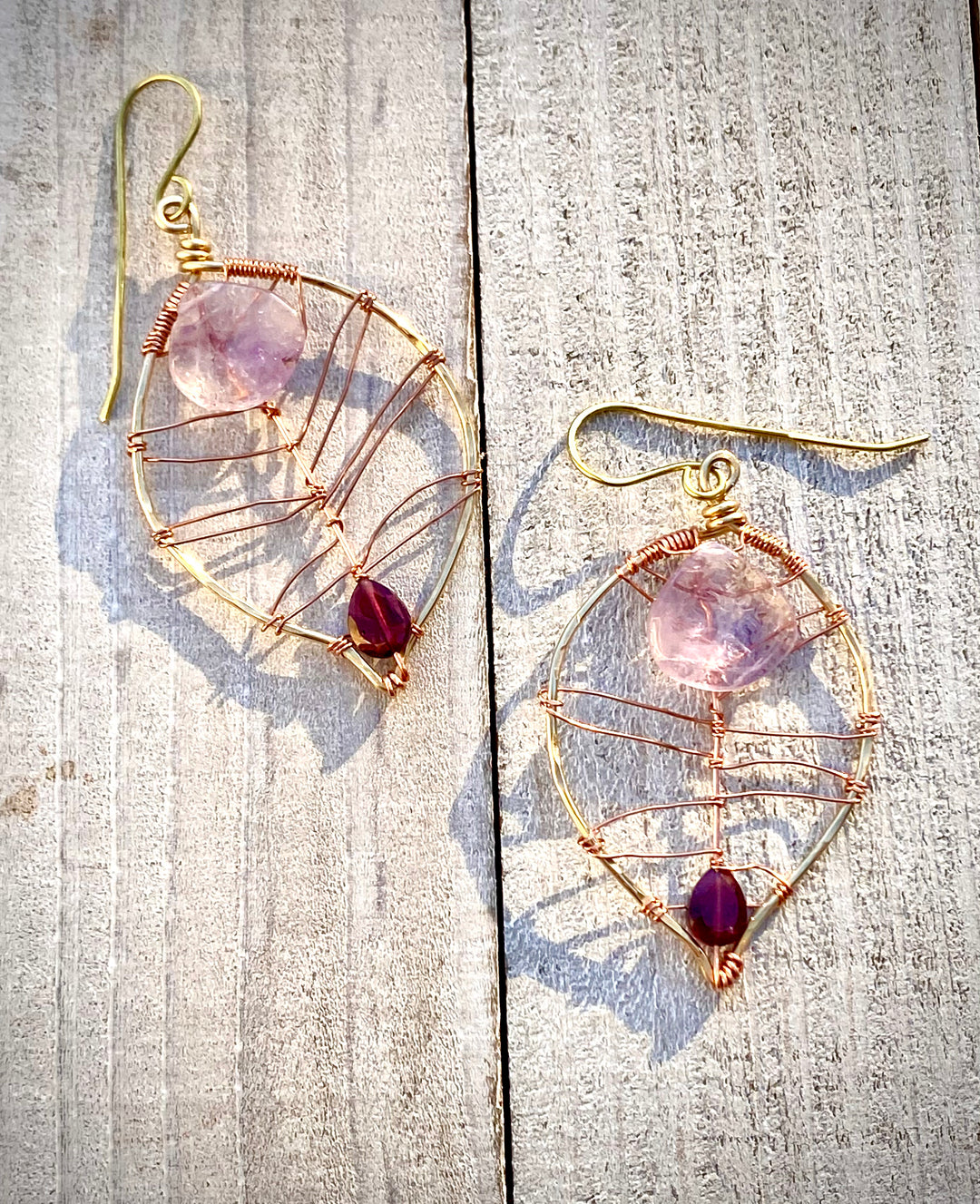 Lavender Amethyst & Rhodolite Garnet Leaf Earrings | Handcrafted with Antiqued Copper & Brass