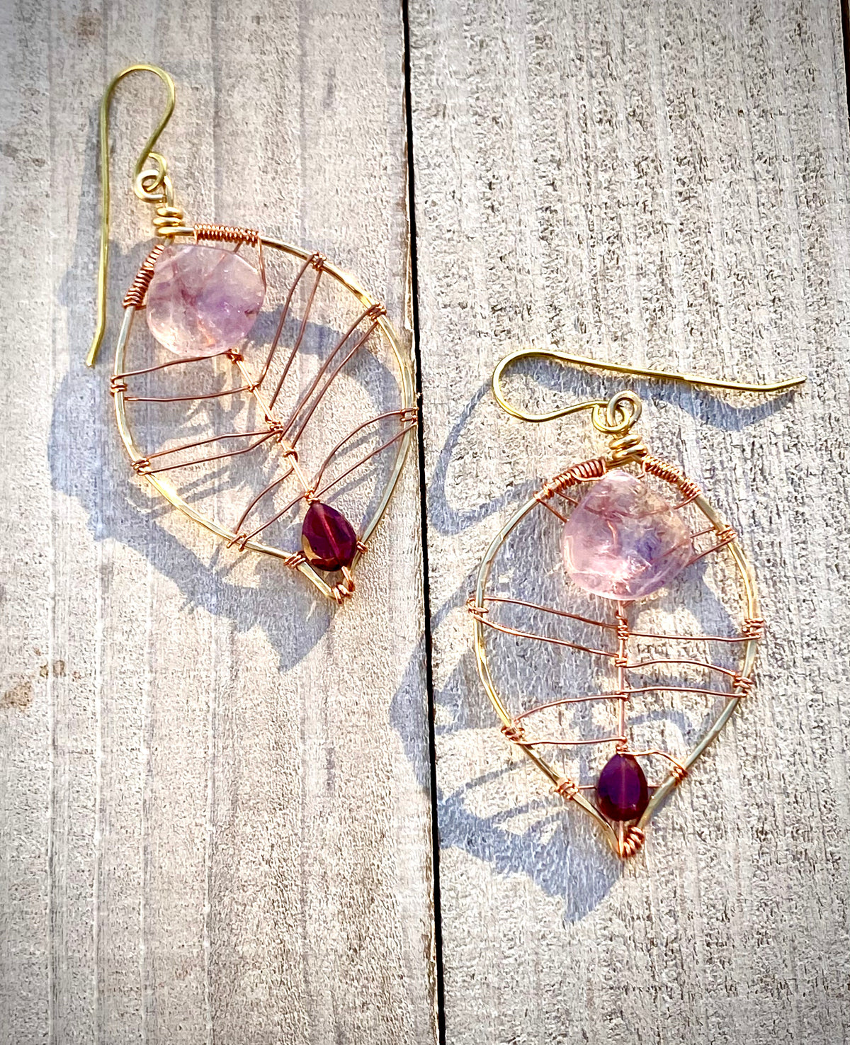 Lavender Amethyst &amp; Rhodolite Garnet Leaf Earrings | Handcrafted with Antiqued Copper &amp; Brass