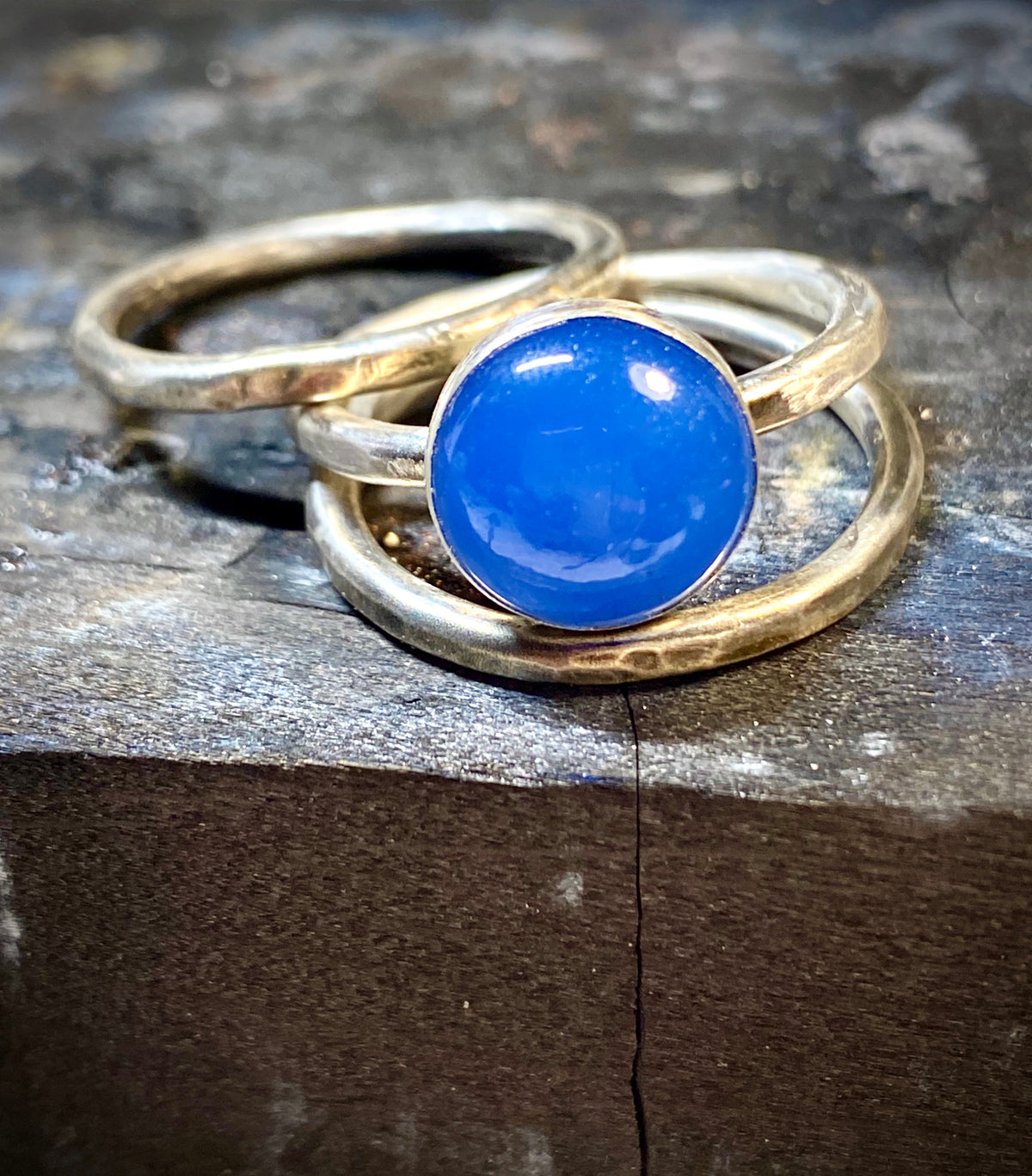 Blue Chalcedony Stack Ring Set | Hand-Hammered Solid Sterling Silver Silver