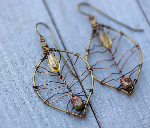 Citrine &amp; Autumn Jasper Leaf Earrings | Handcrafted with Antiqued Copper &amp; Brass